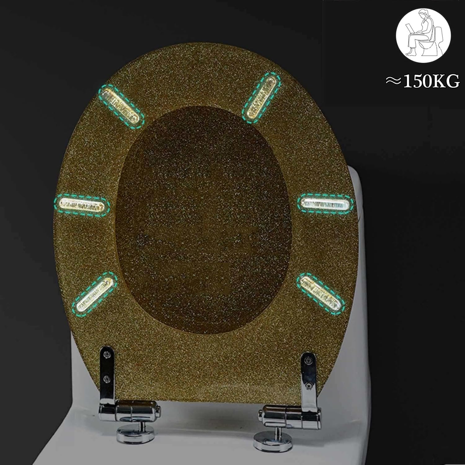 16.5 in Toilet Seat,Round Toilet Seat Cover Thicken Heavy Duty Non-Slip Toilet Lid Quick Release Easy Cleaning,Resin Toilet Seat with Adjustable Hinges,Silver，Gold Foil