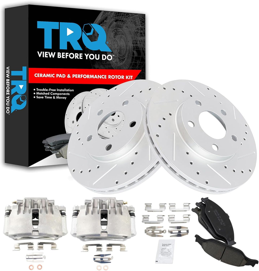 TRQ Performance Front Brake Pad and Rotor Set Ceramic Drilled Slotted Coated Rotors Calipers Compatible with 1999-2002 Ford Mustang