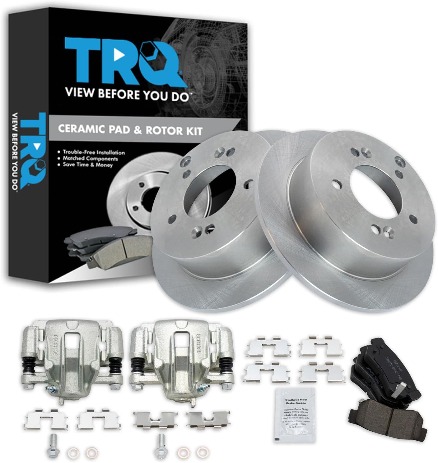 TRQ Rear Brake Pad and Rotor Set Ceramic Solid Rotors Calipers Compatible with 2006-2008 Hyundai Sonata 2005-2009 Tucson 2006-2010 Kia Optima 2005-2010 Sportage