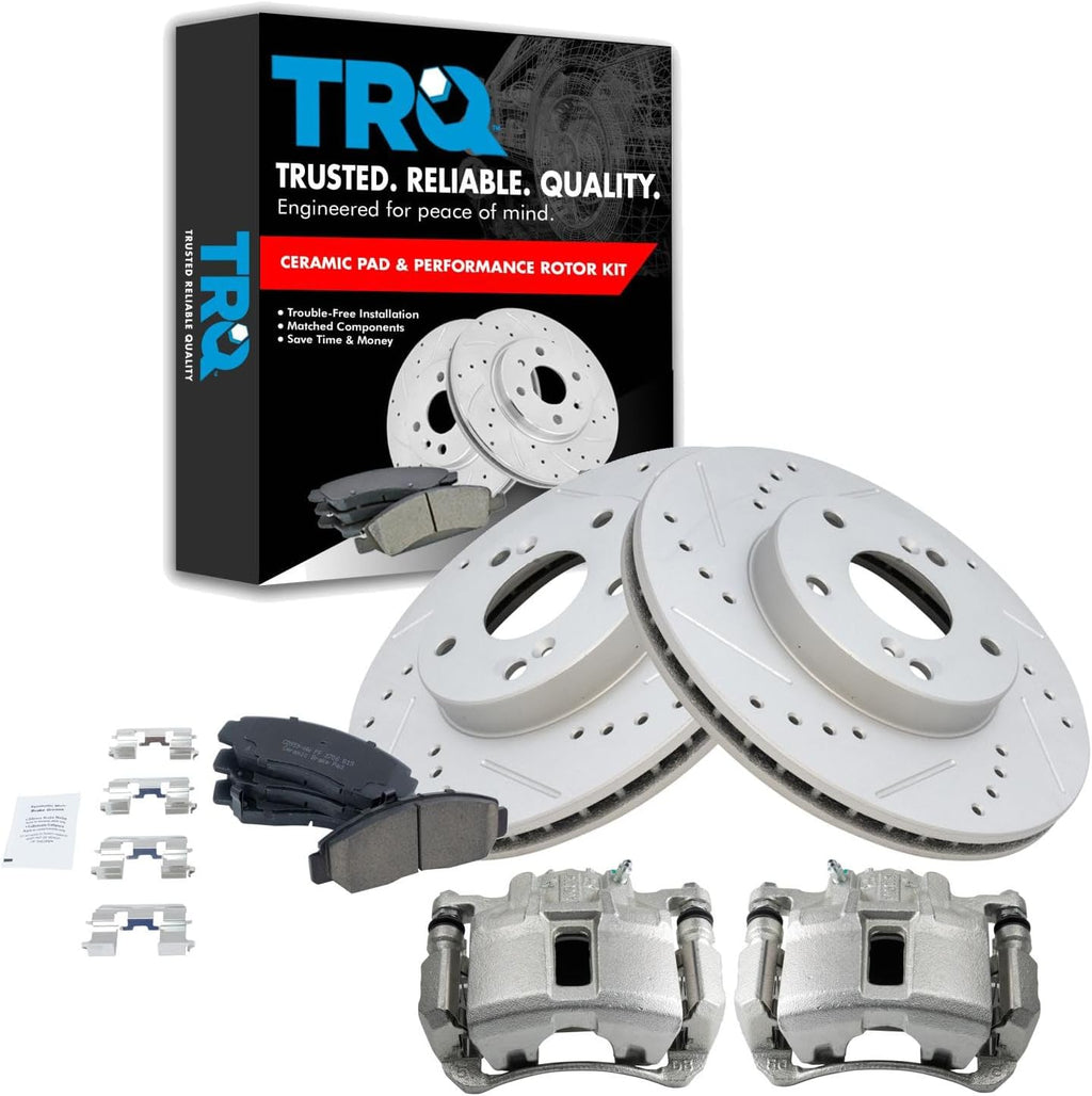 TRQ Performance Front Brake Pad and Rotor Set Ceramic Vented Coated Slotted Drilled Rotors Calipers Compatible with 2003-2007 Honda Accord