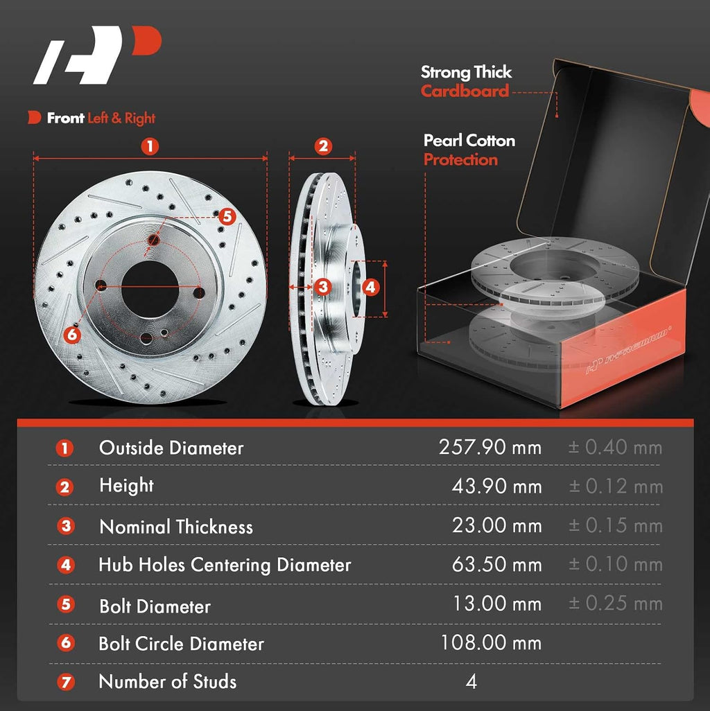 A-Premium 10.16 inch (257.9mm) Front Drilled and Slotted Disc Brake Rotors + Ceramic Pads Kit Compatible with Select Ford Models - Fiesta 2011-2019, 6-PC Set