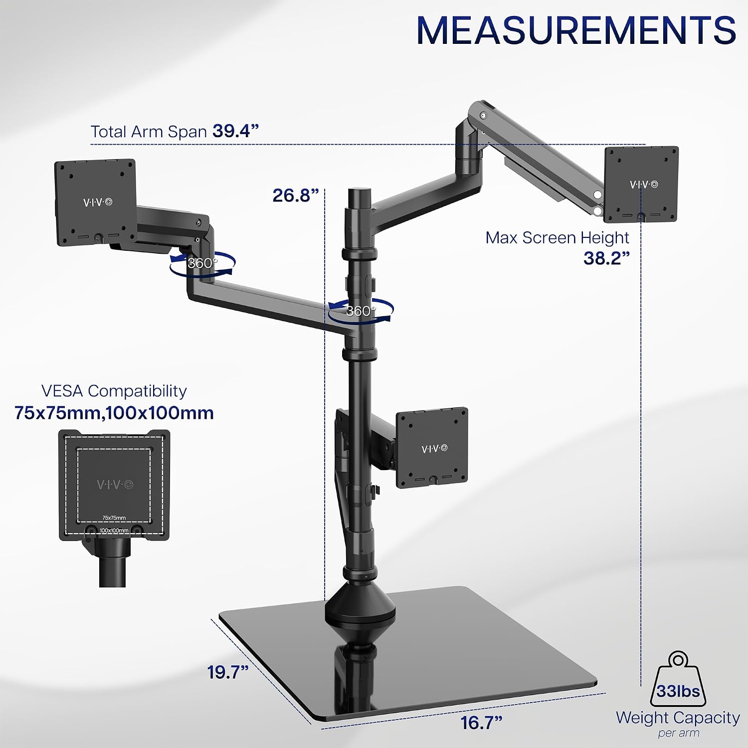 VIVO Pneumatic Arm Triple Ultrawide Monitor Desk Stand for Up to 49 inch Screens with Tempered Glass Base, Holds 3 Ultra Wides Up to 33 lbs Each, Black, STAND-V300FG