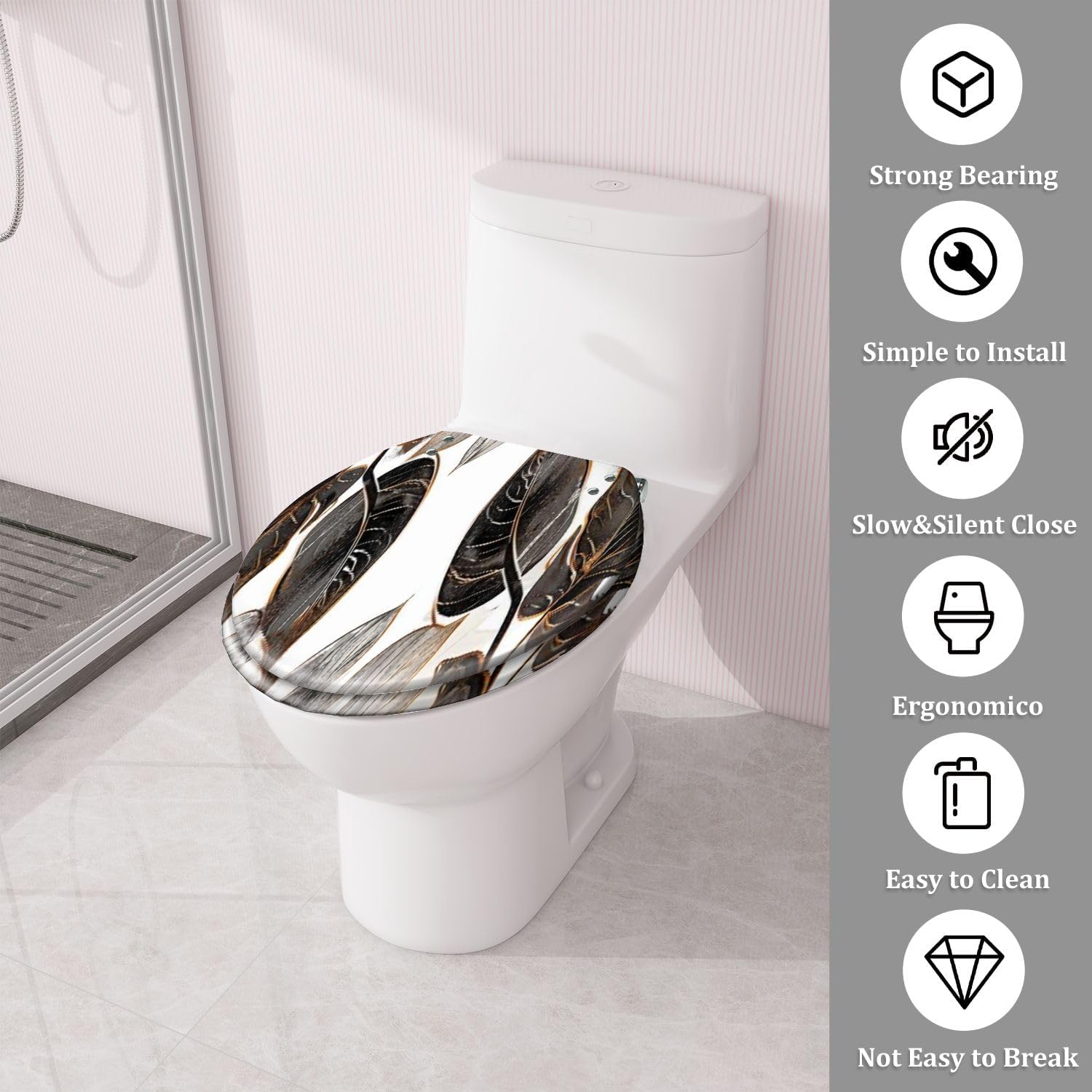 Round Toilet Seat Palm leaves gold black white marble artistic covers colorful texture Resin Toilet Seat Quietly Close Quick Release Hinges Decorative Toilet Seat with Cover Easy to Install