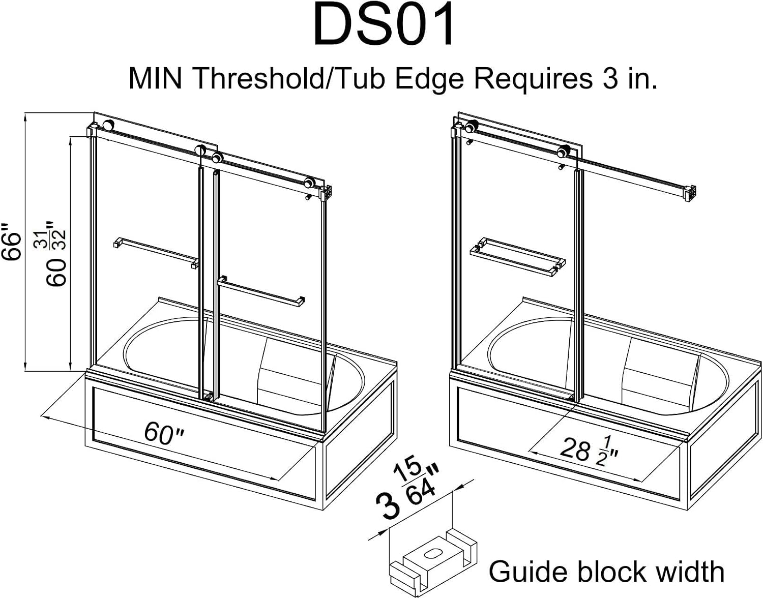 Bathtub Shower Doors Ultra-Clear Single Sided Frosted Double Sliding 56-60' W x 66' Frameless Tub Door 3/8'(10mm) Tempered Glass with Towel Bar Handle (Brushed Gold)