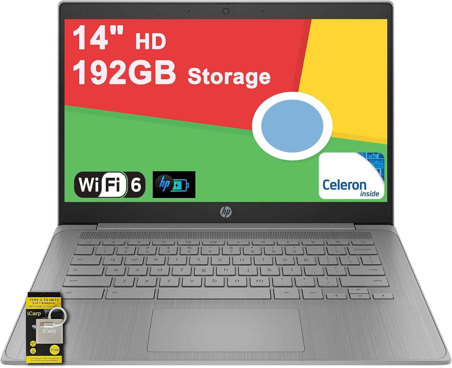 HP Chromebook 14 Home and Student Laptop 14' HD Antiglare Intel Celeron N4500 4GB RAM 192GB Storage (64GB SSD + 128GB SD Card) Type-C Wi-Fi6 Long Battery Life Fast Charging ICP Hub