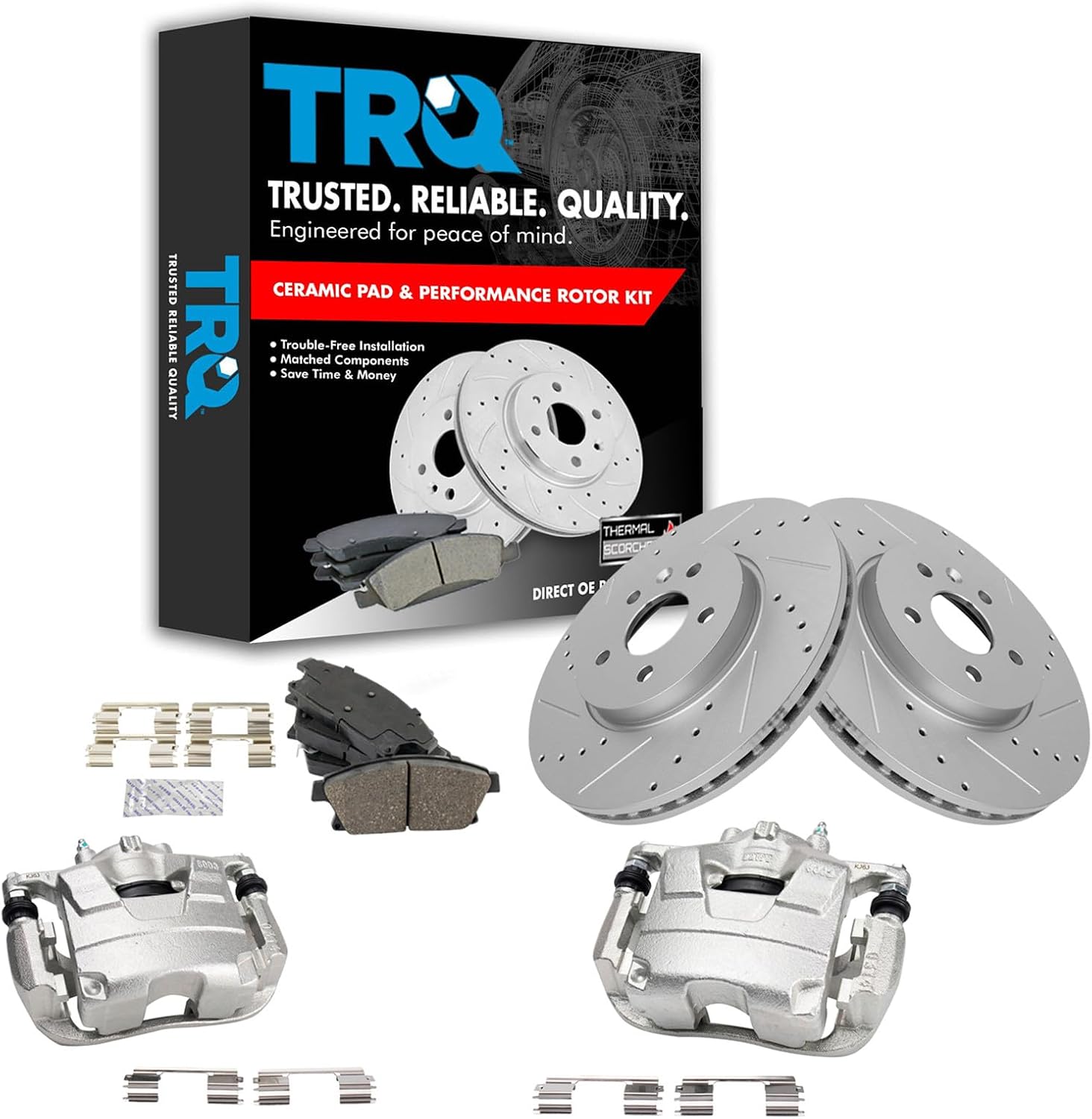 TRQ Performance Front Brake Pad and Rotor Set Ceramic Vented Coated Drilled Slotted Rotors Calipers Compatible with 2013-2017 Buick Encore 2015-2017 Chevrolet Trax