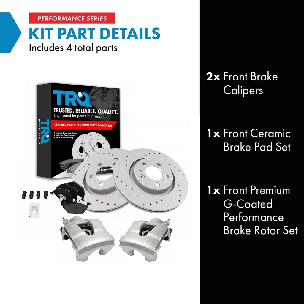 TRQ Performance Front Brake Pad and Rotor Set Ceramic Drilled Slotted Coated Rotors Calipers Compatible with 1998-2010 Volkswagen Beetle 2000-2006 Golf 1999-2005 Jetta