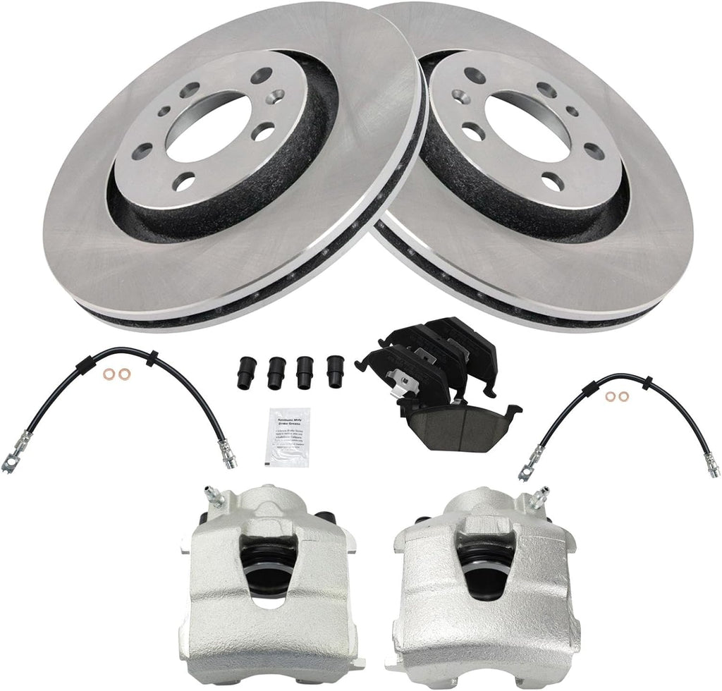 TRQ Front Brake Pad and Rotor Set Ceramic Rotors Calipers Hoses Compatible with 1998-2010 Volkswagen Beetle 2000-2006 Golf 1999-2005 Jetta