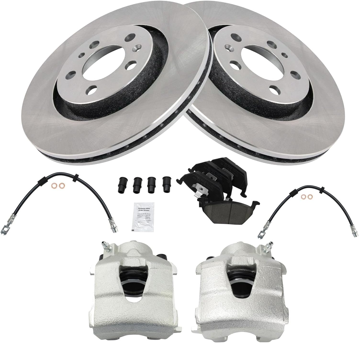 TRQ Front Brake Pad and Rotor Set Ceramic Rotors Calipers Hoses Compatible with 1998-2010 Volkswagen Beetle 2000-2006 Golf 1999-2005 Jetta