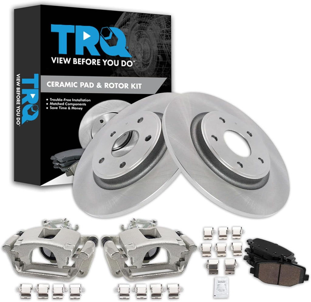 TRQ Rear Brake Pad and Rotor Set Ceramic Rotors Calipers Compatible with 2012-2016 Chrysler Town and Country 2012-2018 Dodge Grand Caravan 2013-2015 Ram Cargo Van