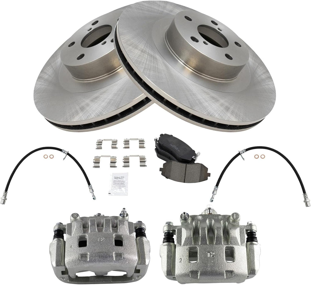 TRQ Front Brake Pad and Rotor Set Ceramic Rotors Calipers Hoses Compatible with 2003-2006 Subaru Baja 2003-2008 Forester 2002-2005 Outback