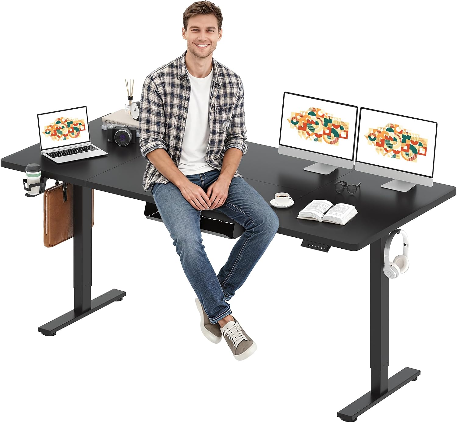 SANODESK Electric Standing Desk 79 x 32 Inches, Height Adjustable Sit Stand with Large Splice Board Desktop for Home Office, Computer Workstations，Memory Ergonomic Computer Desk, Black Frame/Black Top