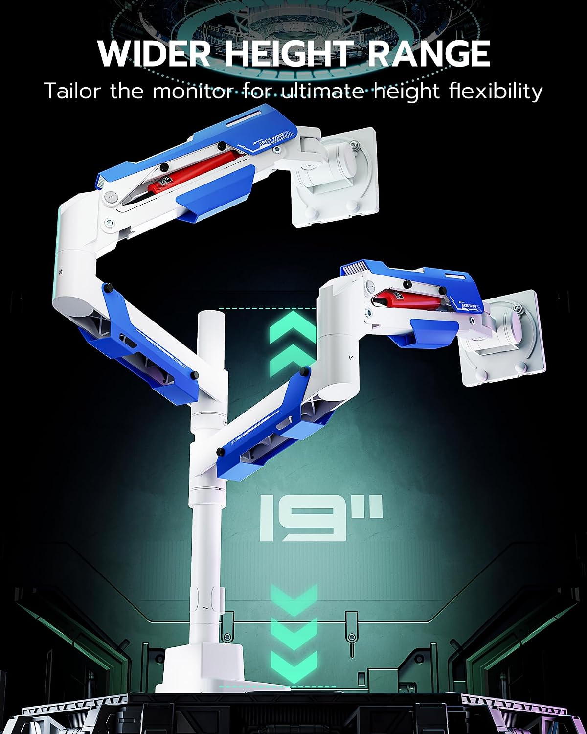 ARES WING Vertical Dual Monitor Mount - 24-57' Aluminum Heavy Duty Monitor Arms for 2 Monitors with USB A/C, Fully Adjustable Gas Spring Stacked Monitor Stand with 75/100/200 Vesa Mount, White