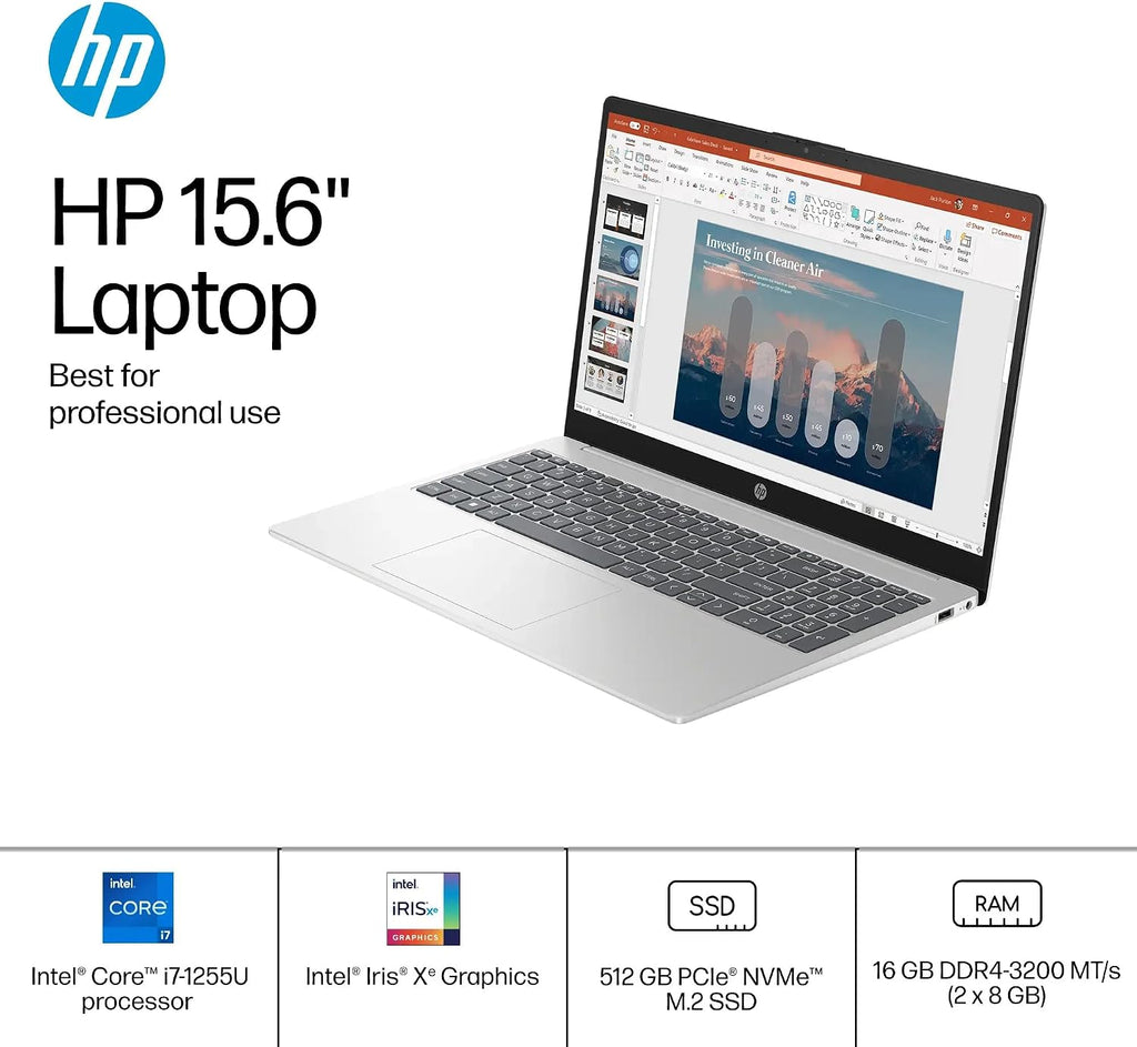 HP 15 Laptop for Work, 15.6' Full HD Touchscreen, 16 GB RAM, 512 GB SSD, Intel 10-Core i7-1255U, Long Battery Life, HD Camera, HDMI, Win 11 Pro, MS Office Lifetime License, with Bonus Accessories