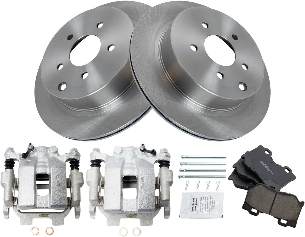 TRQ Rear Brake Pad and Rotor Set Ceramic Rotors Calipers Compatible with 2011-2013 Infiniti M37 M56 2014-2019 Q50 2017-2018 Q60 2014-2017 Q70 2016-2018 Q70L