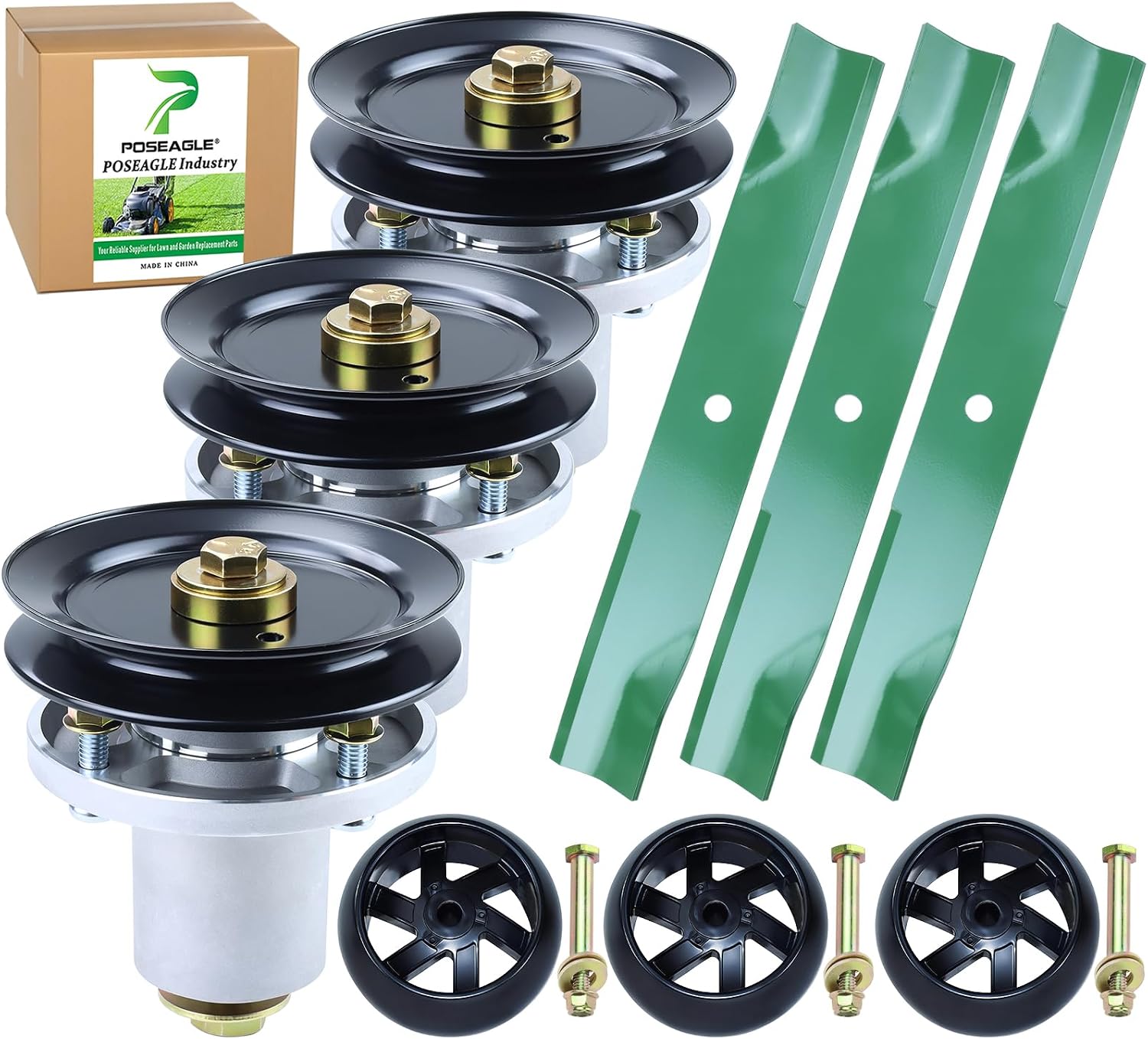 54 Inch Mower Deck Rebuild Kit for Hustler Raptor Flip-Up, Raptor SD 935833 936476 935833 Includes 3 Pack 601804 Spindle Assembly with 604664 Pulley 788166 Wheel 601124 Blade
