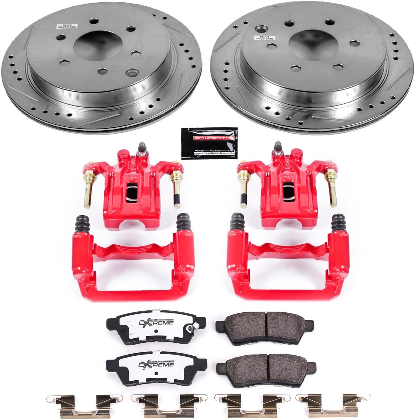 PowerStop Rear Brake & Caliper Kit for Nissan Frontier 2005-24 |Xterra 2005-15 |Suzuki Equator 2009-12 - Drilled & Slotted Disc Rotors + Z36 Brake Pads + Red-Powder Coated Calipers, KC4621-36