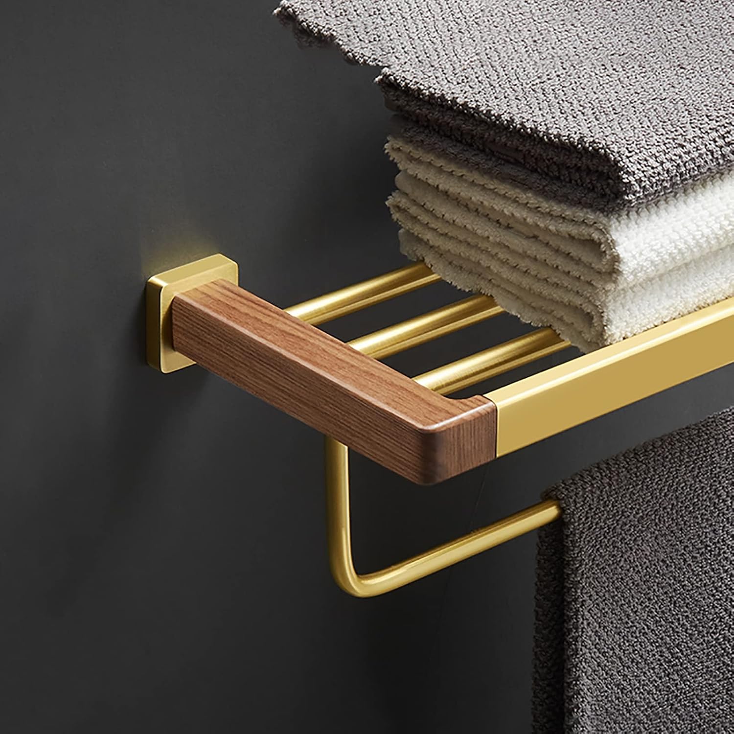 Bathroom Towel Rack Brushed Gold Towel Bar Space Aluminum and Walnut Towel Rail Wall Mounted Towel Holder Double Rod Storage Rack for Bathroom, Kitchen, Toilet