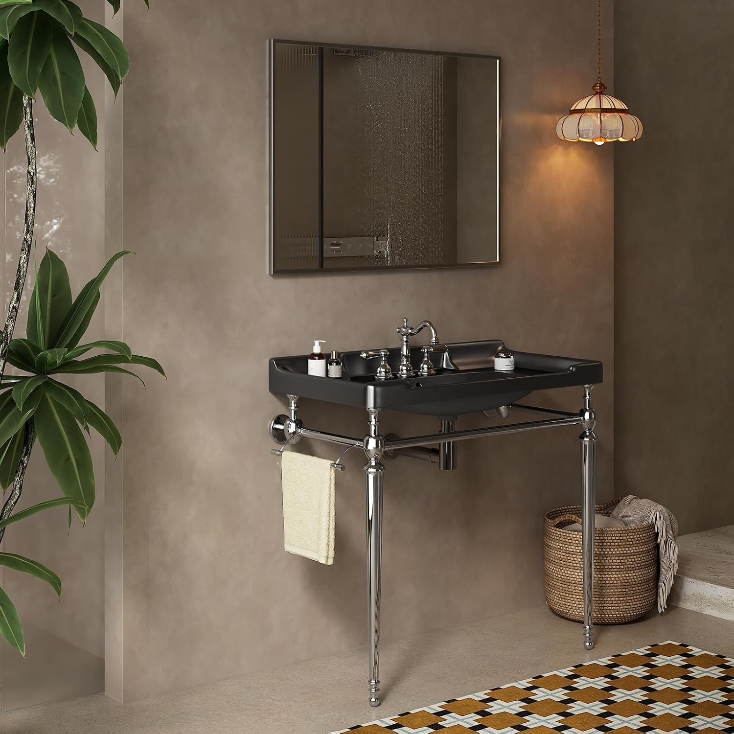 36'' Console Bathroom Sink, Freestanding Console Sink With Stainless Brushed Chrome Legs, Modern Bathroom Vanity with 3 Tap Holes, Black with Silver