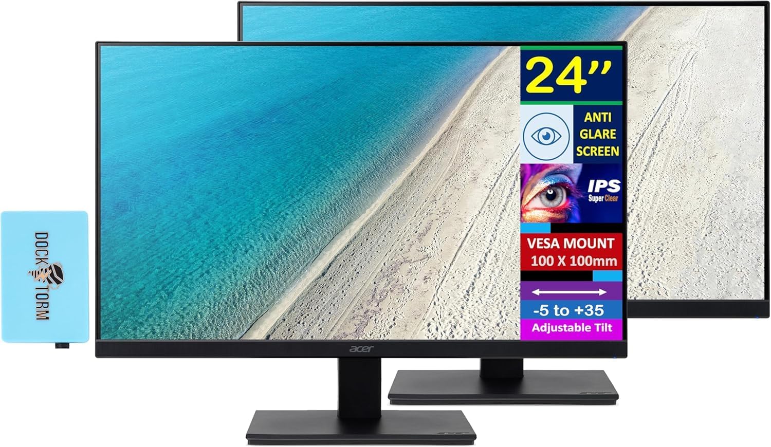 Acer Vero V247Y Gbmix 24' FHD IPS Monitor with 4 ms Response Time, Anti-Glare, Adaptive Sync, VESA Mount (100x100mm), HDMI, VGA & Dockztorm USB Port Expander, Black (UM.QV7AA.G03) 2 Pack