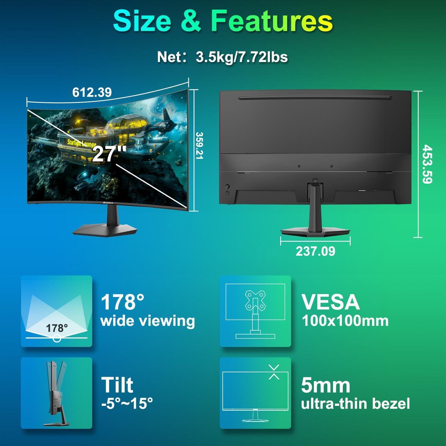 SANSUI Curved Monitor 27 inch 120Hz USB Type-C Computer Monitor with Speakers Built in丨FHD 1080p丨HDR丨110% sRGB丨1500R丨VESA Compatible,for Tablet,Desktop,Laptop and PC Work Gaming