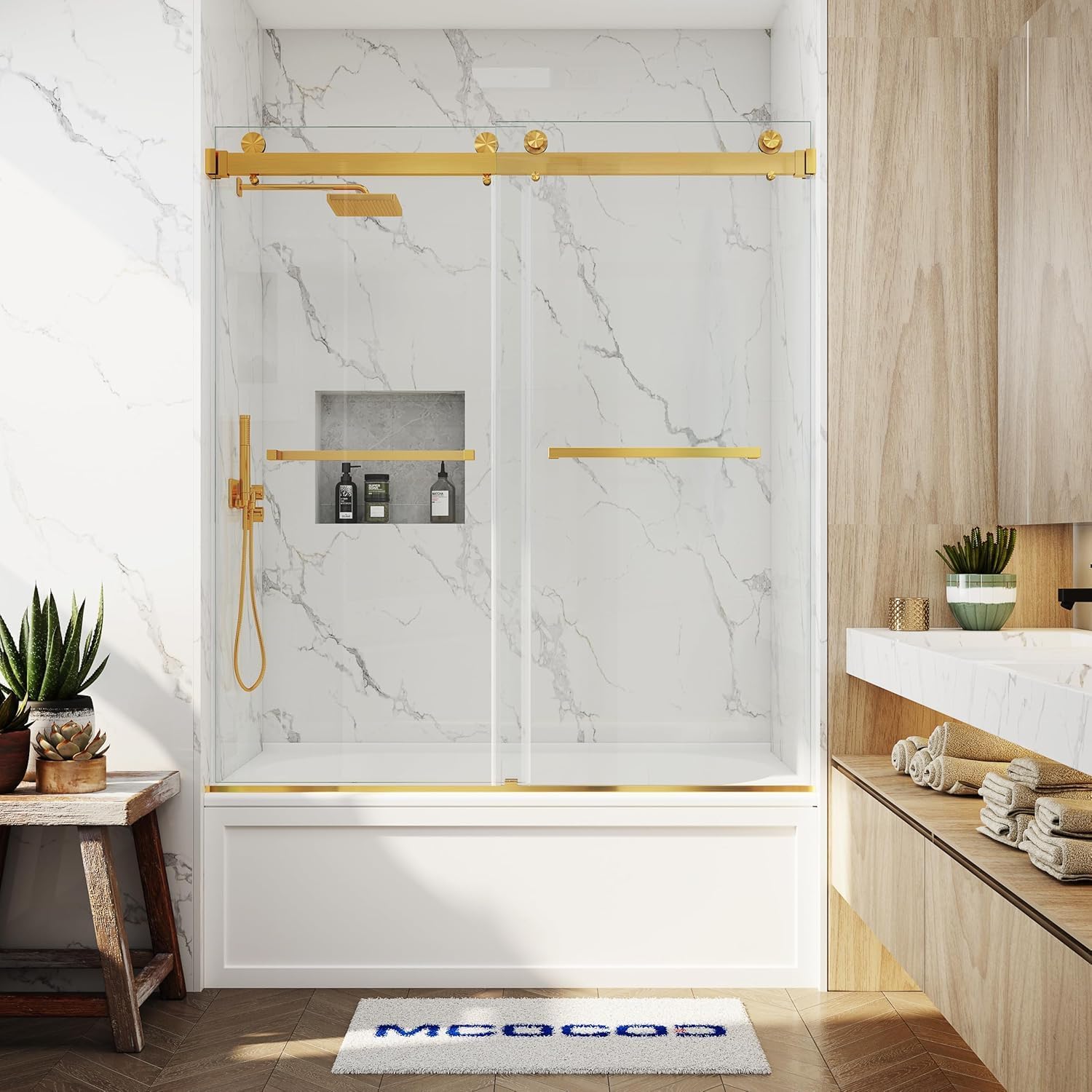 Frameless Bathtub Sliding Shower Door 56'-61' W x 66' H, Gold