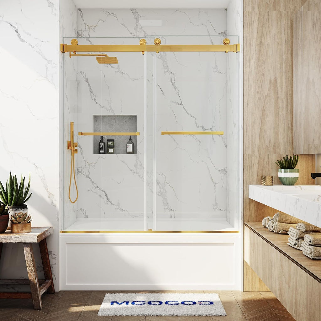 Frameless Bathtub Sliding Shower Door 56'-61' W x 60' H, Gold | 3/8' (10mm) Tempered Glass, Double Sliding Design, 1/4' Wall Adjustment, Easy-Clean Glass, Stainless Steel Hardware