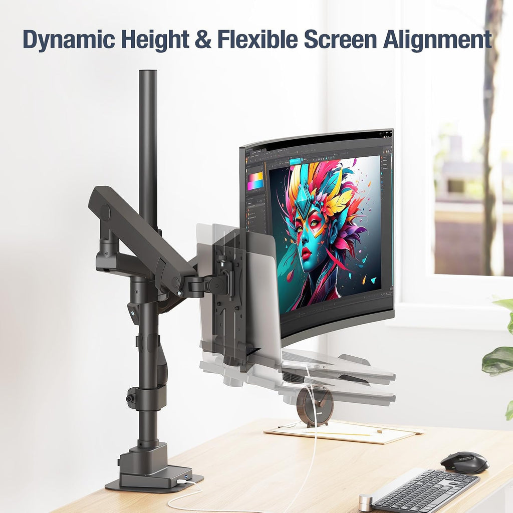 AVLT Laptop & 40 Inch Monitor Arm Pole Top Mount with USB-C&A Ports-Black, VESA Compatible, Supports 26.4 lbs (12 kg), Ultrawide Screen Fit, Adjustable Height, Tilt Swivel Rotate, Cable Management