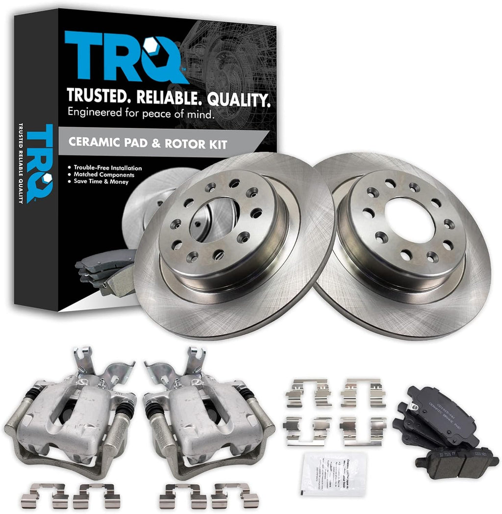 TRQ Rear Brake Pad & Rotor Kit Brake Caliper Brake Pads Brake Rotor Ceramic Solid Compatible with 2016 Chevrolet Malibu