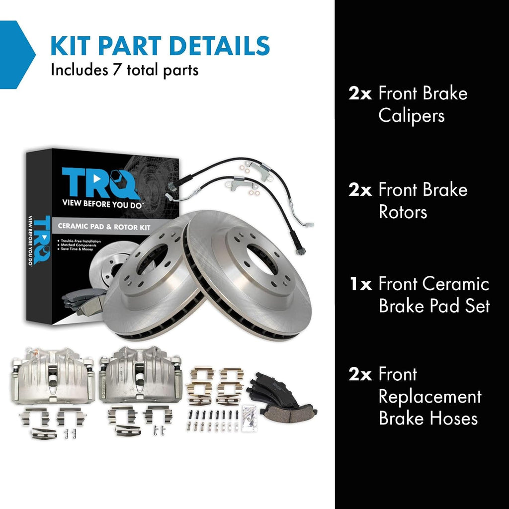 TRQ Front Brake Pad and Rotor Set Ceramic Rotors Calipers Hoses Compatible with 2002-2005 Chevrolet Trailblazer GMC Envoy 2004-2005 Buick Rainier Oldsmobile Bravada 2005 Isuzu Ascender