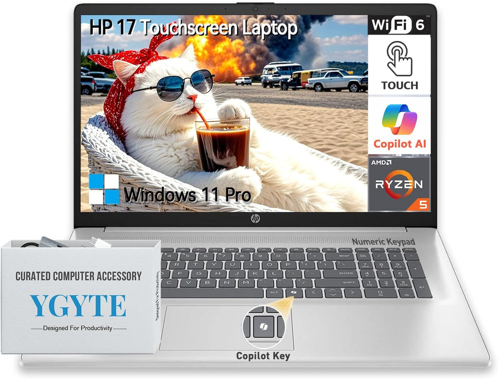 HP 17 Inch Laptop Touchscreen Computer, 17.3 HD+ Touch Screen Business Laptop, AMD Ryzen 5(6-Cores), Windows 11 Pro, 10-Key Number Pad, 64GB RAM 2TB SSD