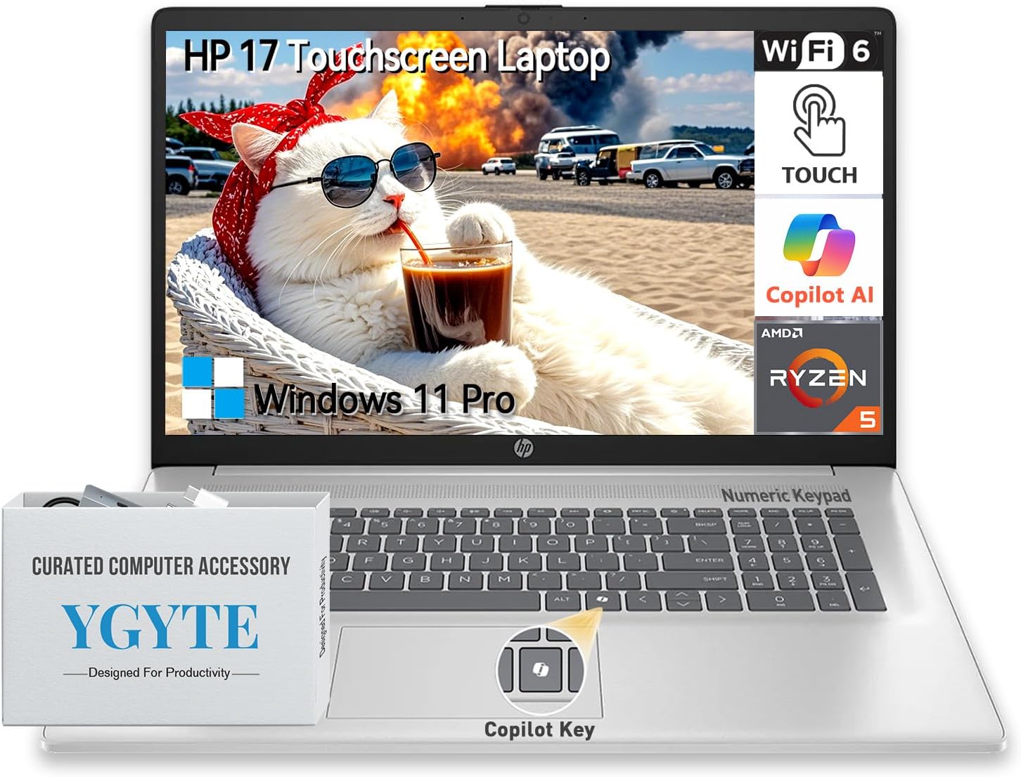 HP 17 Inch Laptop Touchscreen Computer, 17.3 HD+ Touch Screen Business Laptop, AMD Ryzen 5(6-Cores), Windows 11 Pro, 10-Key Number Pad, 64GB RAM 2TB SSD