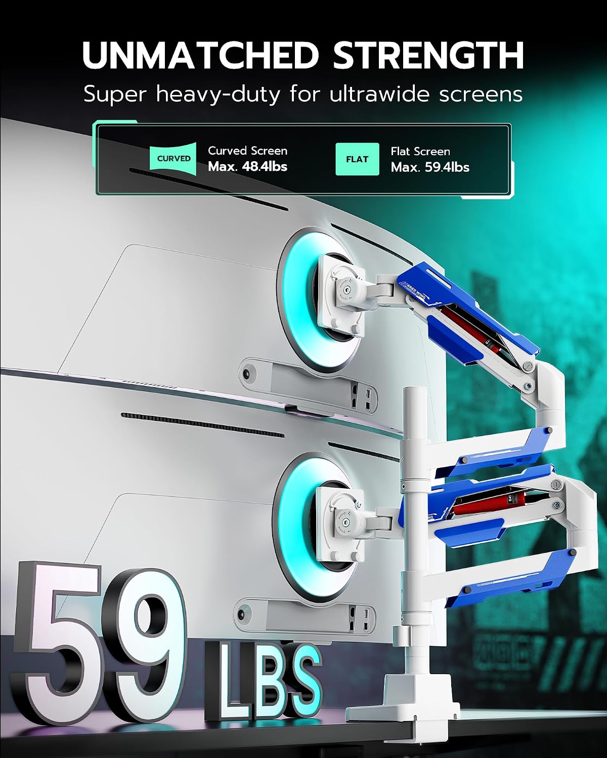 ARES WING Vertical Dual Monitor Mount - 24-57' Aluminum Heavy Duty Monitor Arms for 2 Monitors with USB A/C, Fully Adjustable Gas Spring Stacked Monitor Stand with 75/100/200 Vesa Mount, White