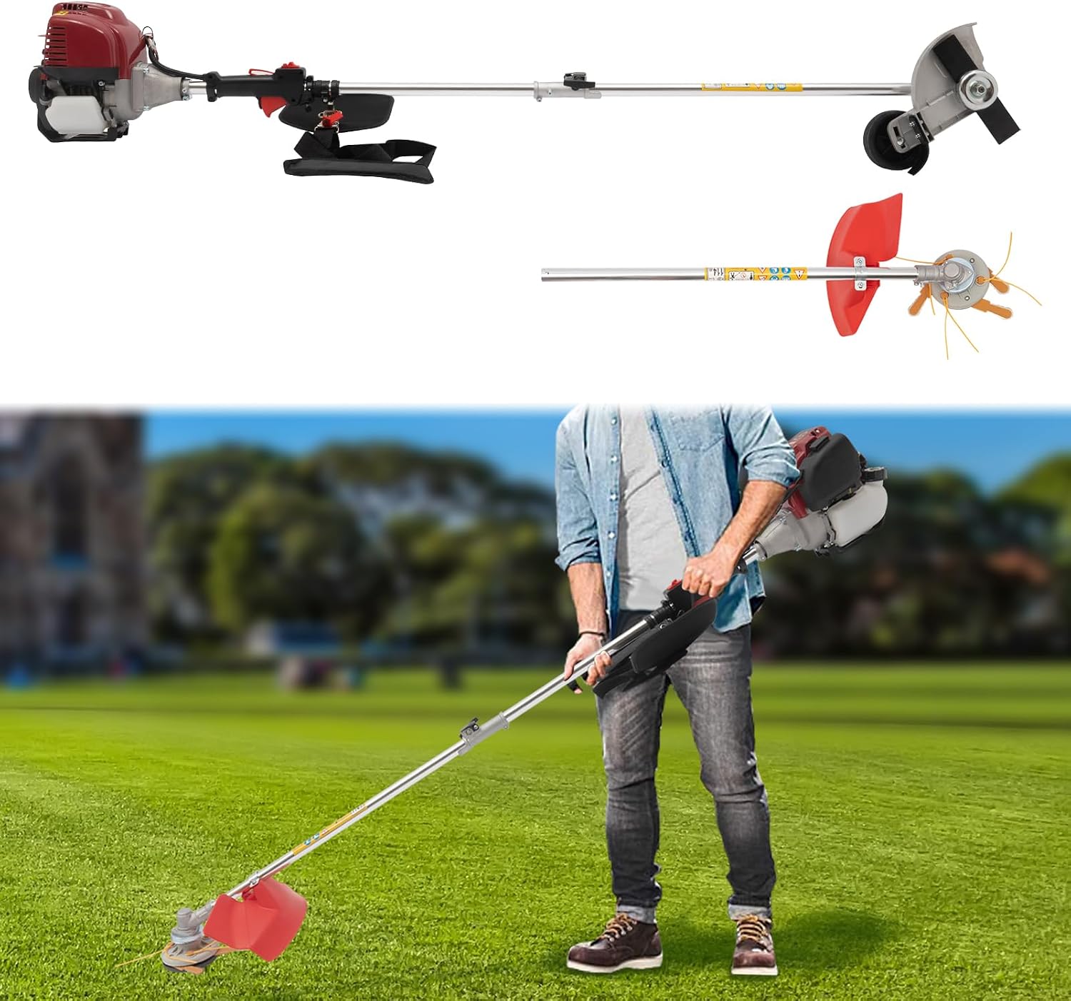 Gas Powered Edger Weed Eater 35.88CC 2 Blade Heads, 4 Stroke Cordless Lawn Edger Gas String Trimmer with Handle & Shoulder Strap for Garden Lawn Grass Trimmer