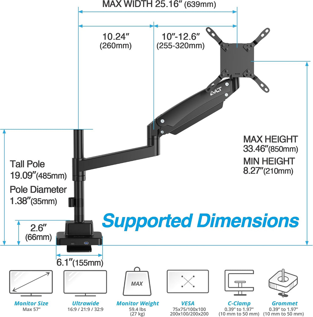 AVLT Single 57 Inch Heavy Duty Monitor Arm Pole Top Mount with USB-C/A Ports-Black, Height Adjustable, Easy Install Top C-Clamp/Grommet with Reinforcement Plates, VESA Compatible 200/100/75