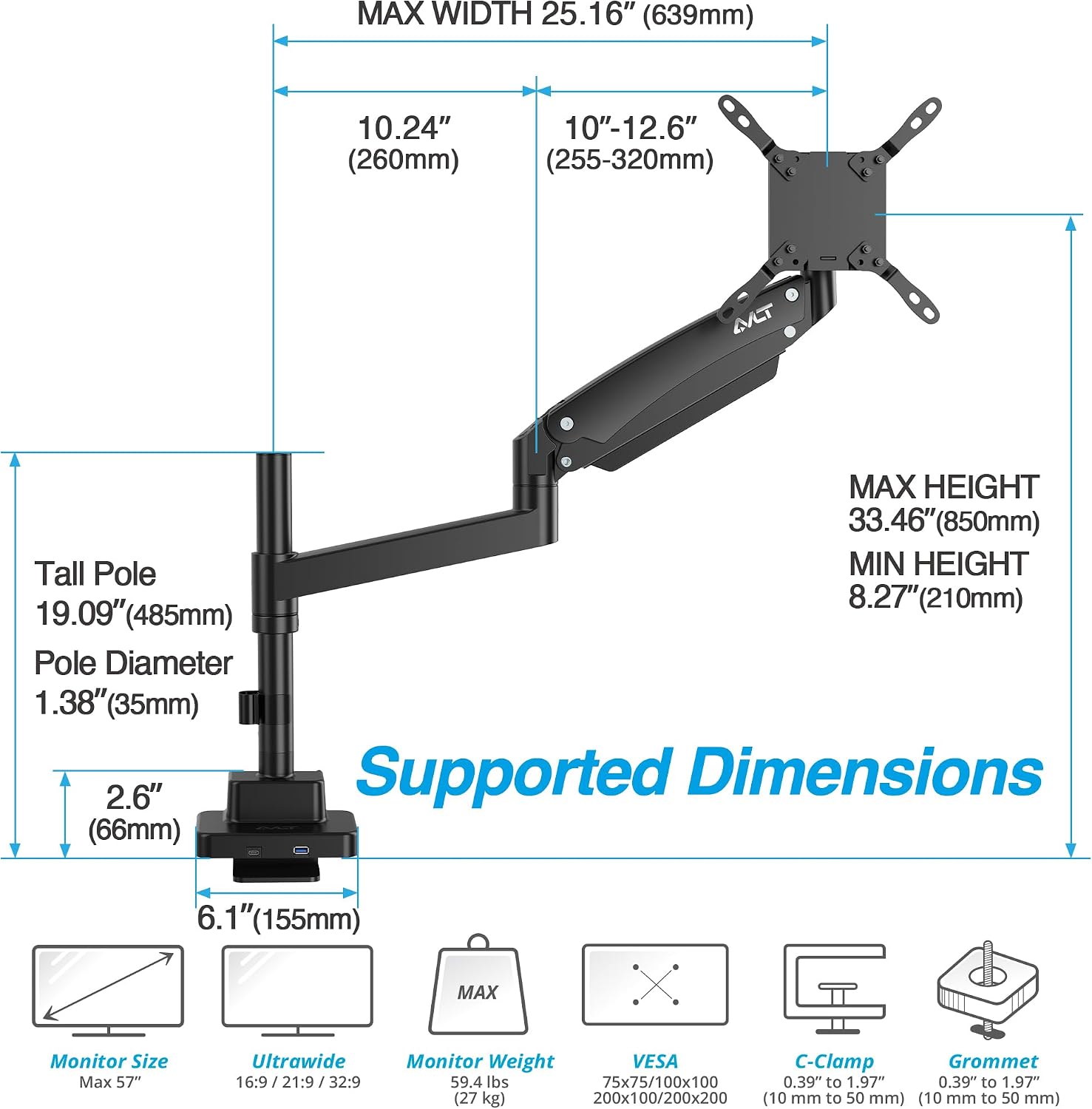 AVLT Single 57 Inch Heavy Duty Monitor Arm Pole Top Mount with USB-C/A Ports-Black, Height Adjustable, Easy Install Top C-Clamp/Grommet with Reinforcement Plates, VESA Compatible 200/100/75