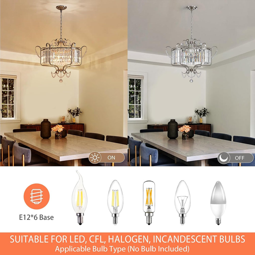 Modern Crystal Chandelier for Dining Room 24' Brushed Nickel Light Fixtures 6-Light Farmhouse Pendant Lighting for Kitchen Island Bedroom Hallway Entryway
