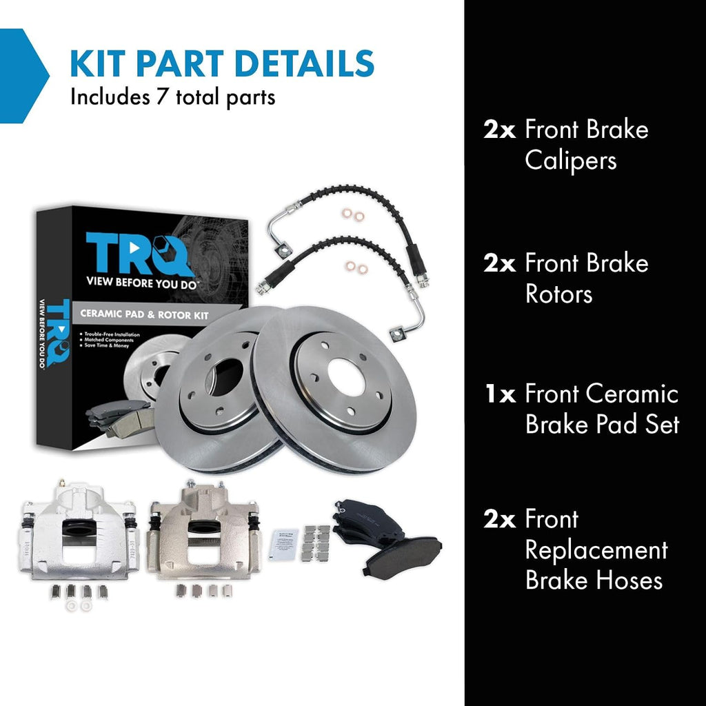 TRQ Front Brake Pad and Rotor Set Ceramic Rotors Calipers Hoses Compatible with 2008-2012 Chrysler Town & Country Dodge Grand Caravan 2012 Ram Cargo Van 2009-2012 Volkswagen Routan