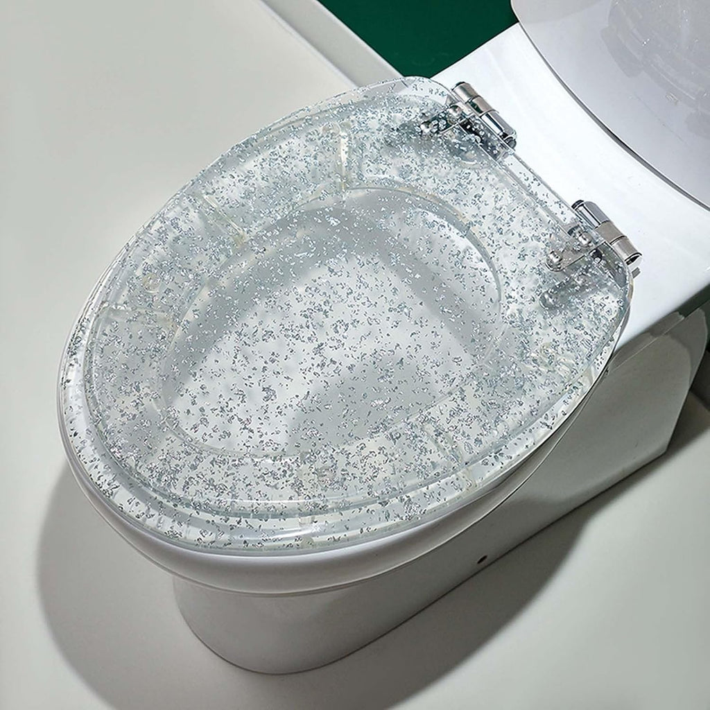 Transparent Toilet Seat Slow Close, Cushioned Acrylic Toilet Seat Set, Heavy Duty Resin Toilet Bowl Lid, Decorative Gold Silver Foil Toilet Cover(Silver)
