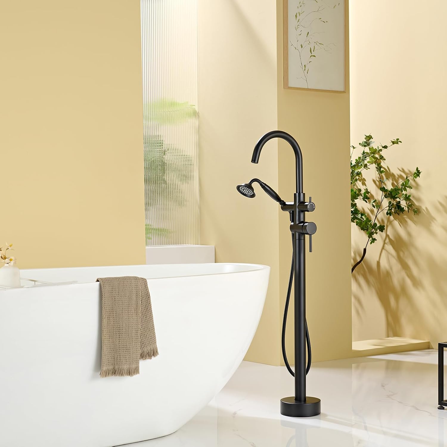 Wowkk Tub Filler Freestanding Bathtub Faucet Black Floor Mounted Brass Bathroom Tub Faucets with Hand Shower