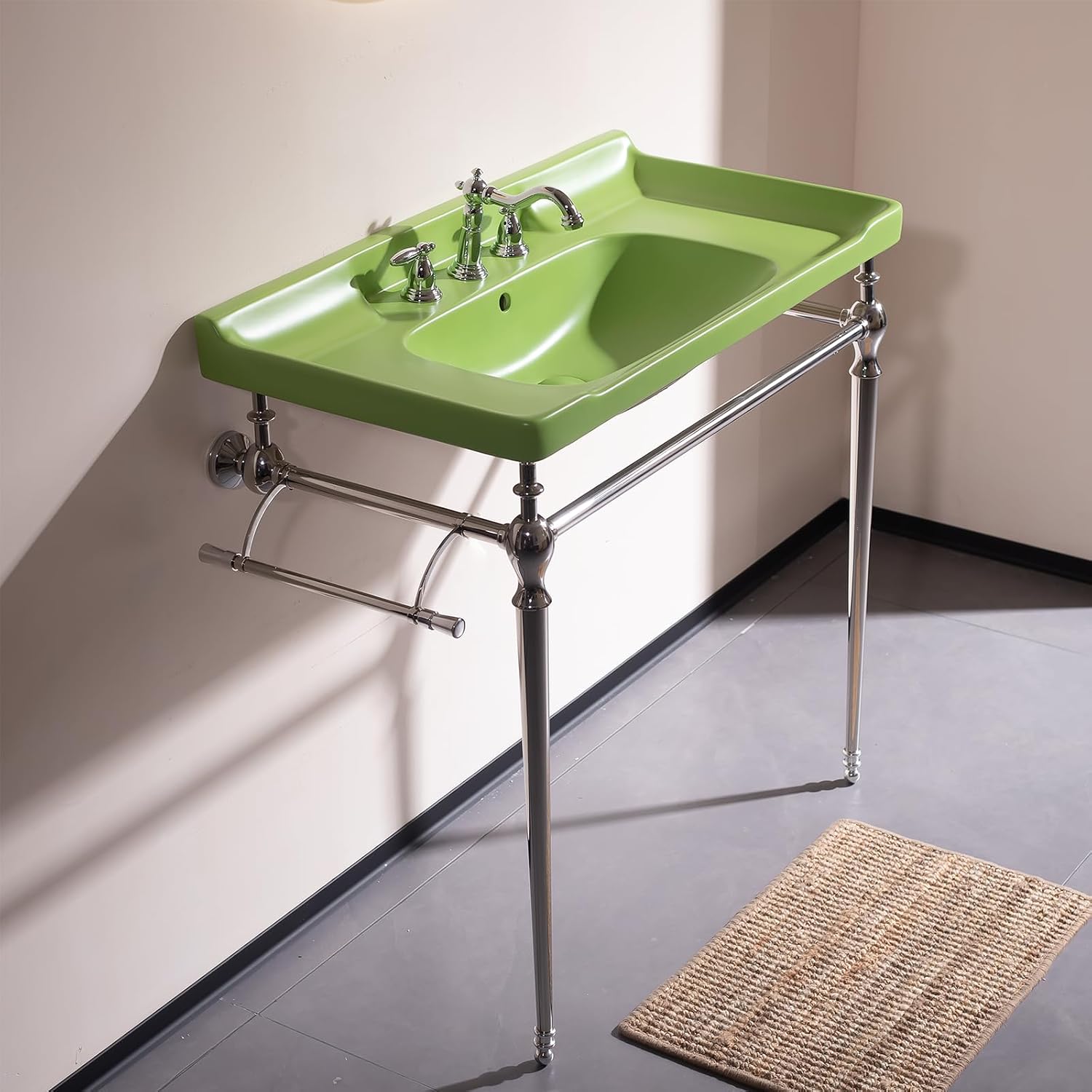 36'' Console Bathroom Sink, Freestanding Console Sink With Stainless Brushed Chrome Legs, Modern Bathroom Sink Vanities with 3 Tap Holes and Pop Up Drain, Green with Silver