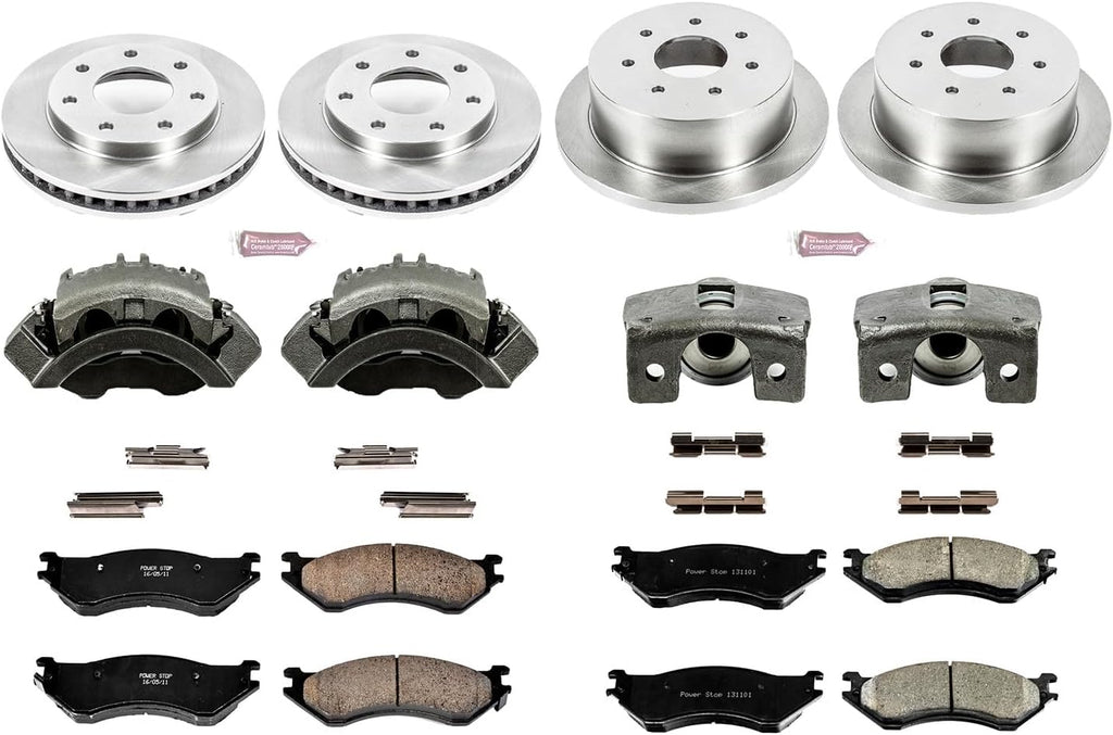 PowerStop Front and Rear Brake & Caliper Kit for Ford F-150 2000-03 |F-150 Heritage 2004 |F-250 1998-99 - Ceramic Brake Pads + Calipers + Disc Rotors Replacement, KCOE4391