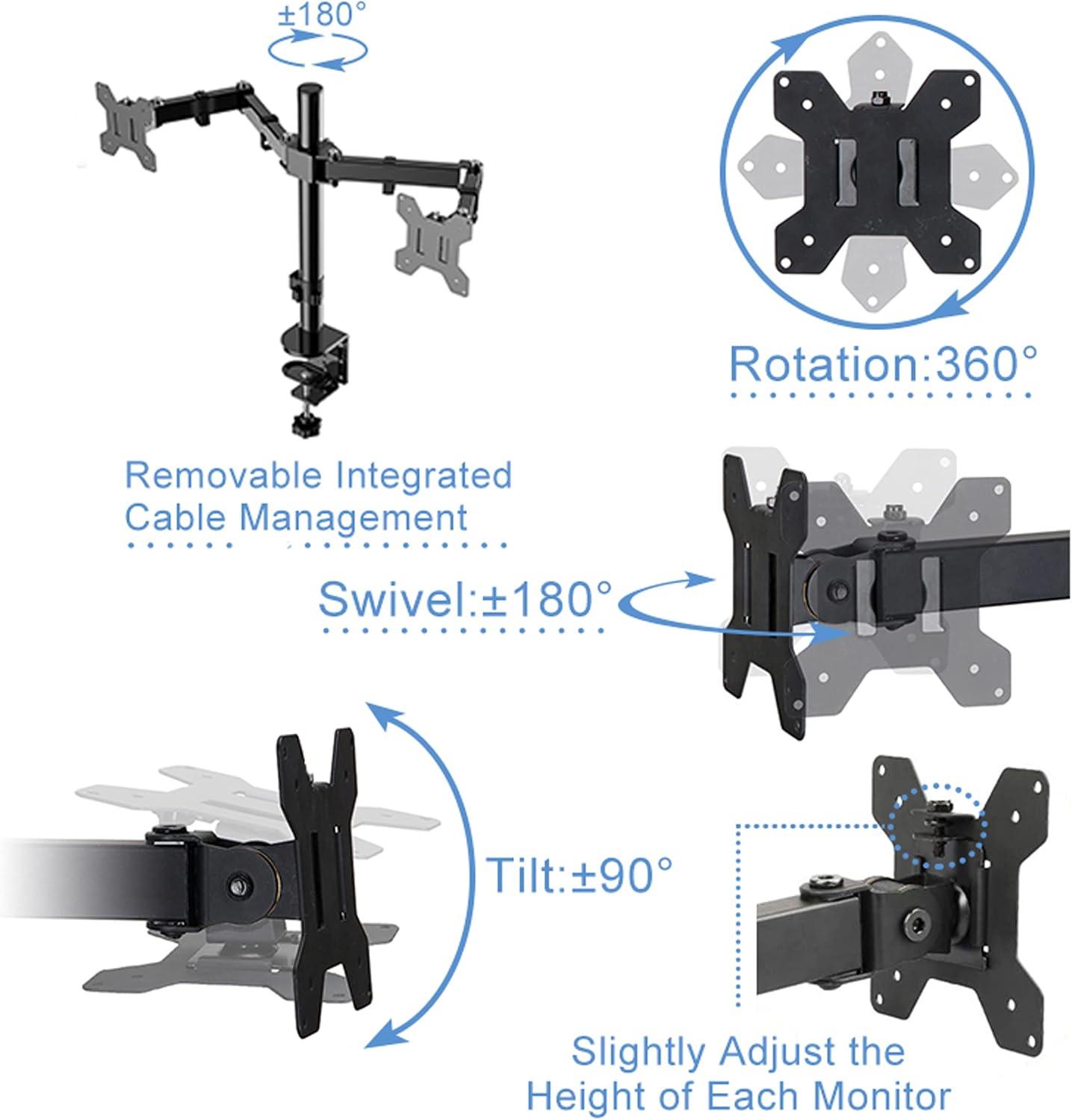 Rocelco 46' Large Height Adjustable Standing Desk Converter with Double Monitor Mount Arm BUNDLE - Quick Sit Stand Up Computer Workstation Riser - Retractable Keyboard Tray - Black (R DADRB-46-DM2)