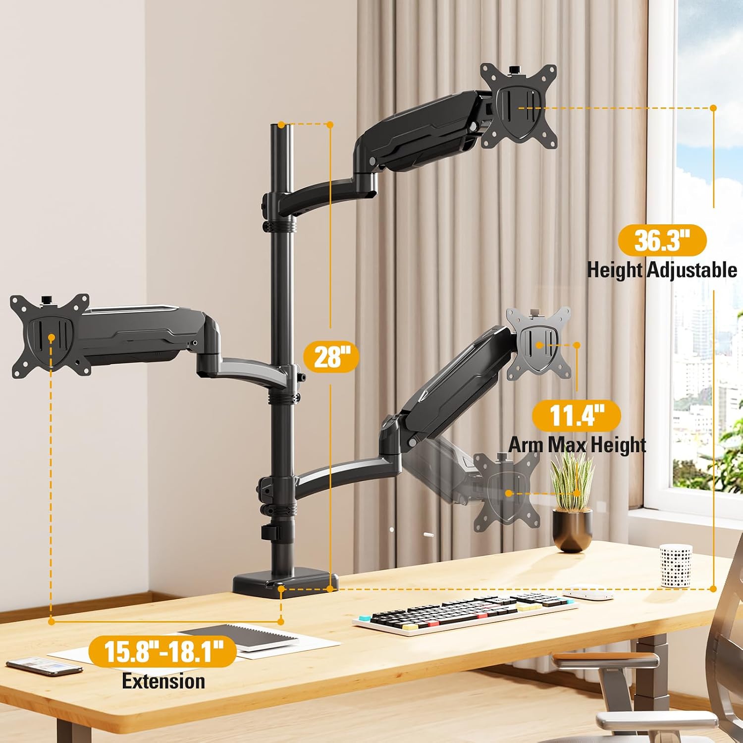 Triple Monitor Mount up to 32' Computer Screen, up to 19.8lbs Each, Adjustable 3 Monitor Stand with Clamp & Grommet Kit, Gas Spring Arm with Tilt Swivel Rotate, VESA Mount 75x75/100x100mm