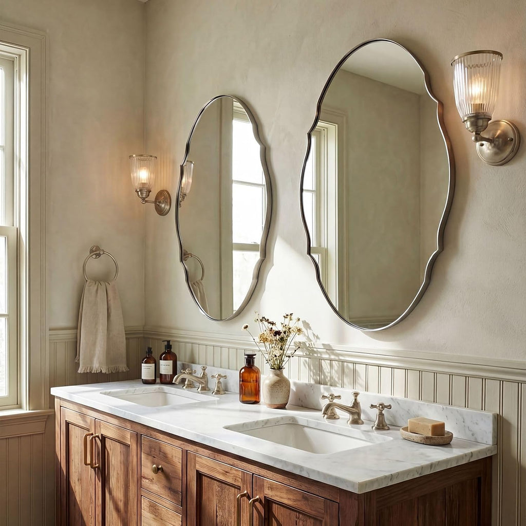 ANDY STAR Brushed Nickel Scalloped Oval Mirror 22x30, Silver Bathroom Mirror, Stainless Steel Oval Wall Mirror, Vintage Vanity Mirror for Double Sink, Powder Room, Entryway, Rust-Resistant
