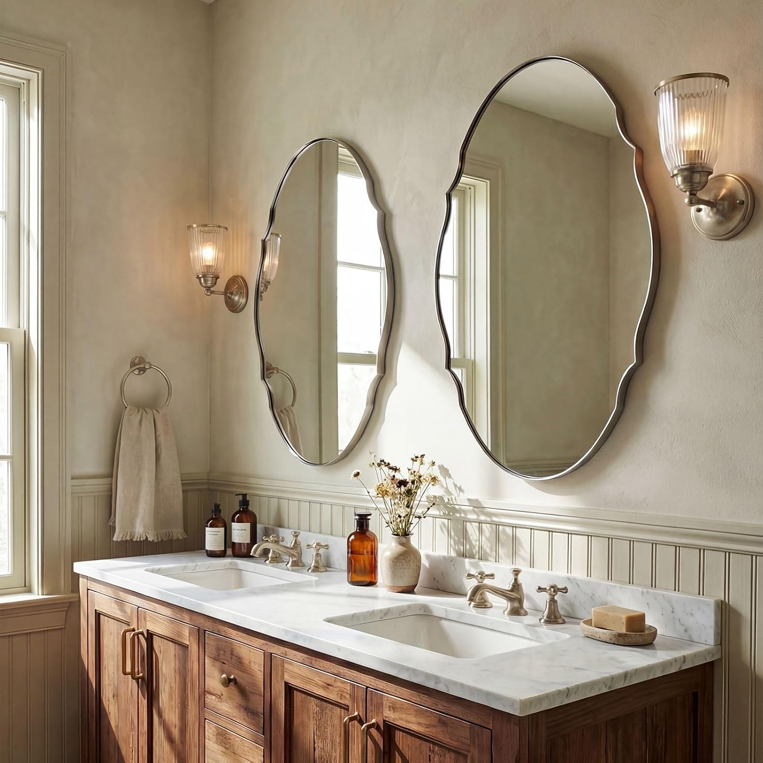 ANDY STAR Brushed Nickel Scalloped Oval Mirror 22x30, Silver Bathroom Mirror, Stainless Steel Oval Wall Mirror, Vintage Vanity Mirror for Double Sink, Powder Room, Entryway, Rust-Resistant