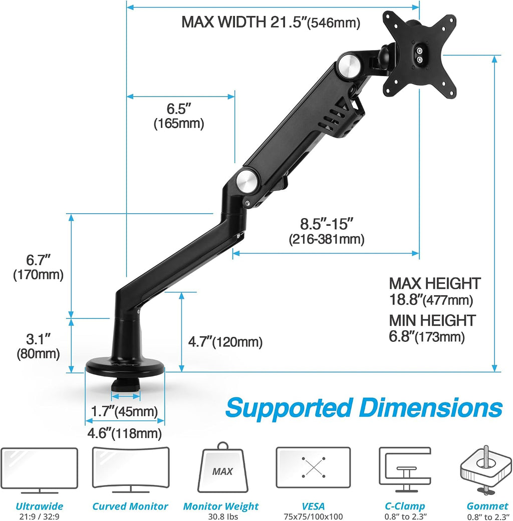 AVLT Single 13'-38' Monitor Arm Desk Mount fits One Flat/Curved/Ultrawide Screens Full Motion Height Swivel Tilt Rotation Adjustable - VESA/C-Clamp/Cable Management - Black