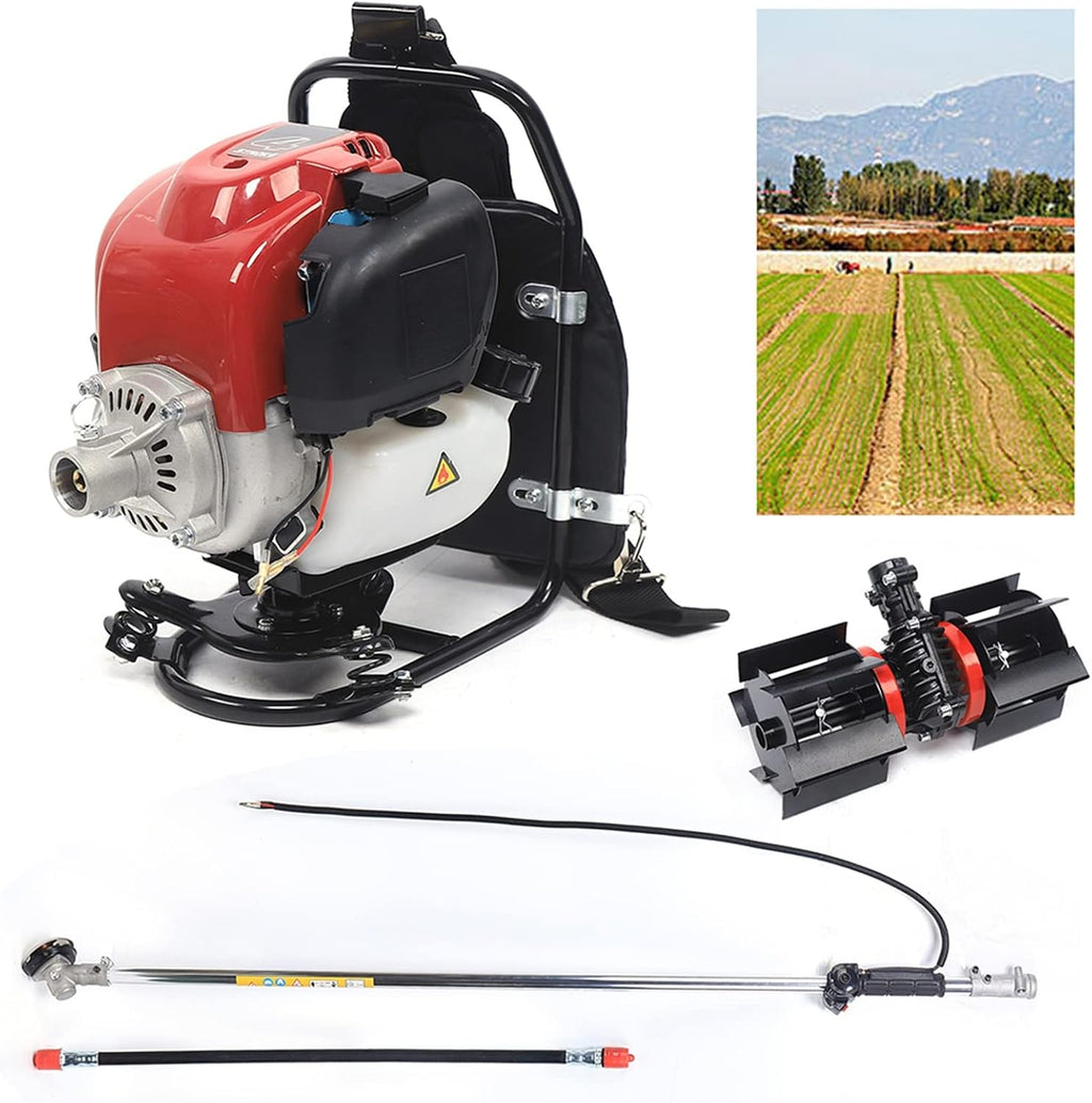 Backpack Brush Cutter Tiller, 4 Stroke 1.4HP Gas Powered Grass Hedge Trimmer Air-Cooled Single Cylinder Cultivator Lawn Mower for Cut Remove Weeds On Lawns, Farmland 4500-8500rpm