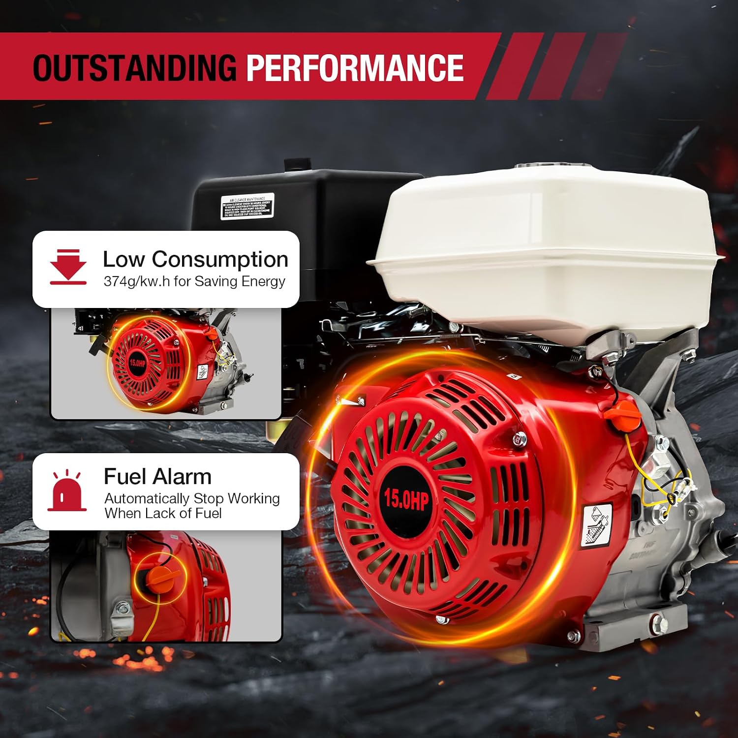 15HP 4 Stroke Air Cooled Gas Engine, 420CC Gasoline Motor Engine Recoil Start Go Kart Log Splitter Lifan Type Engine OHV Pull Start Garden Tool Gas Motor for Go Kart Lawn Mower