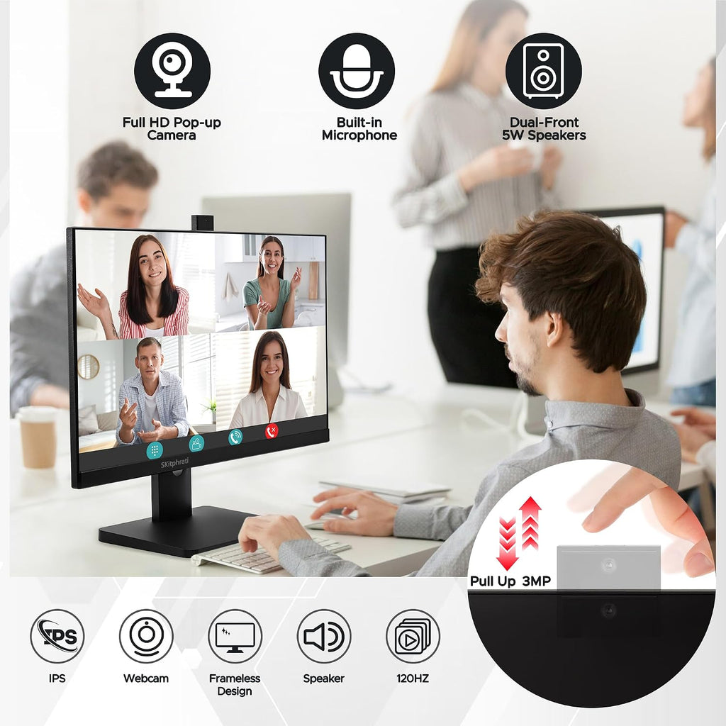 SKitphrati 23.8' 1080P IPS 120Hz Monitor for Business & Gaming - Built-in Adjustable 3MP Webcam, Mic Array, Dual Speakers, Frameless, Eye Care, HDMI/DP/VGA/USB